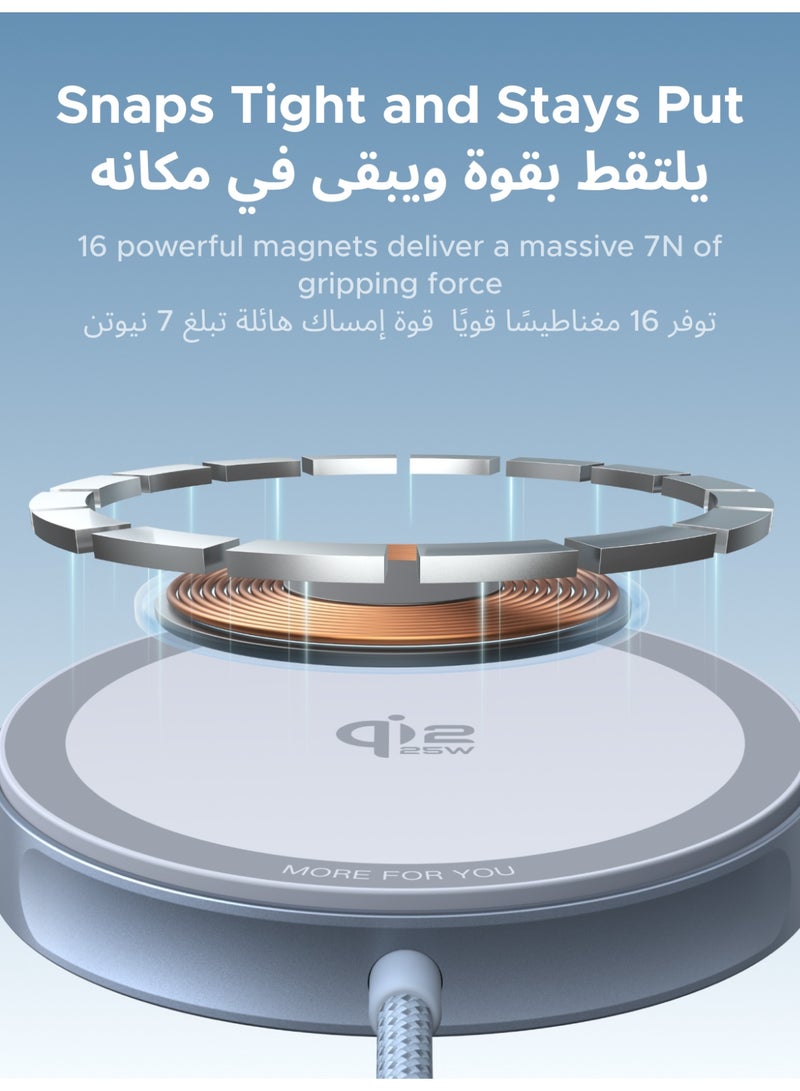 يو جرين 2025 وسادة شحن لاسلكي Qi2 بقوة 25 واط، كابل USB-C مضفر بطول 1.5 متر، شاحن ماغ سيف سريع محمول لهاتف آيفون 17 برو ماكس وسلسلة 16-12، وإيربودز 4 و3 وبرو وبرو 2، مع مغناطيس قوي وحماية متعددة 25W PAD - Image 3